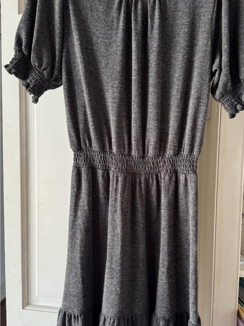 LOFT Charcoal Grey Smocked-Waist Midi Dress